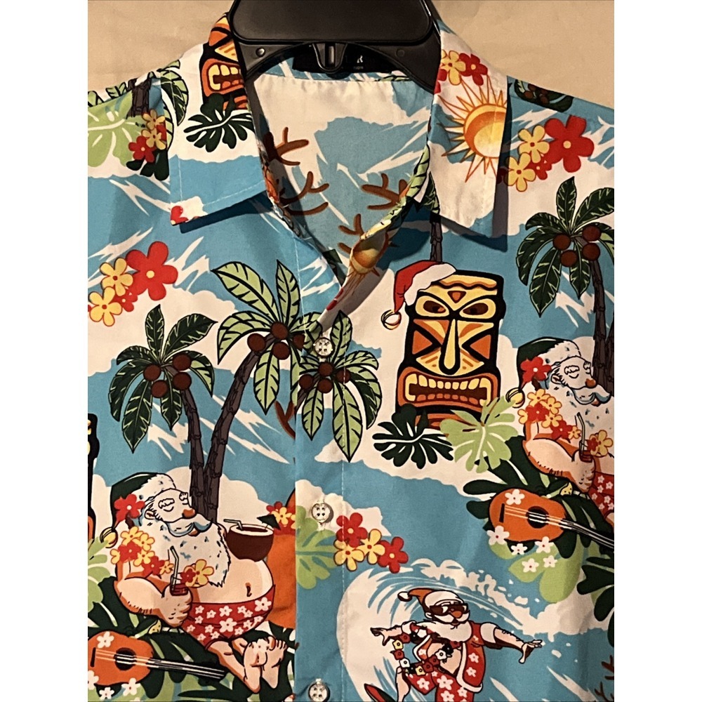 SSLR Mens Santa Hawaiian Shirt Long Sleeve Christmas Vacation Poly Shirt Size Sm